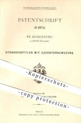 original Patent - Fr. Rodenberg , Minden , 1878, Strohschüttler mit Exzenterbewegung , Stroh , Getreide , Landwirtschaft