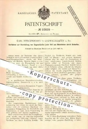 original Patent - Karl Hergenhahn , Ludwigshafen a. Rhein , 1896 , Gegenstände aus Stein durch Schleifen , Steine !