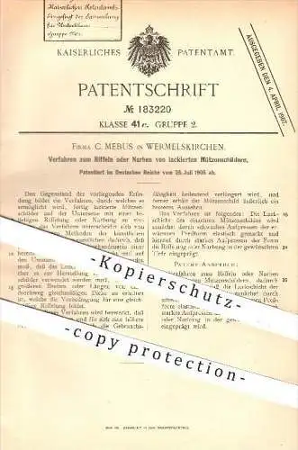 original Patent - C. Mebus in Wermelskirchen , 1905 , Riffeln o. Narben an lackierten Mützenschildern , Mütze , Schild !