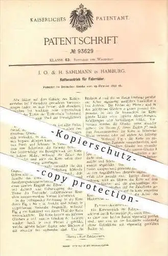 original Patent - J. O. & H. Sahlmann in Hamburg , 1897 , Ketten - Antrieb für Fahrräder , Fahrrad , Fahrzeugbau , Kette