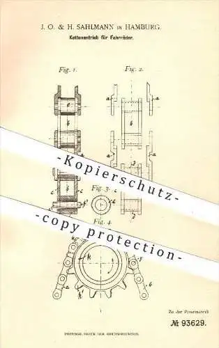 original Patent - J. O. & H. Sahlmann in Hamburg , 1897 , Ketten - Antrieb für Fahrräder , Fahrrad , Fahrzeugbau , Kette