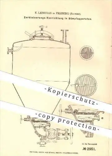 original Patent - E. Leinhaas , Freiberg , 1877 , Zerkleinerungs - Vorrichtung im Dämpfer , Bier , Mais , Korn , Maische