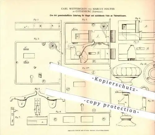 original Patent - Carl Wettergren , Marcus Holter , Gothenburg , Schweden , 1878 , Riegel am Türschloss , Göteborg !!!