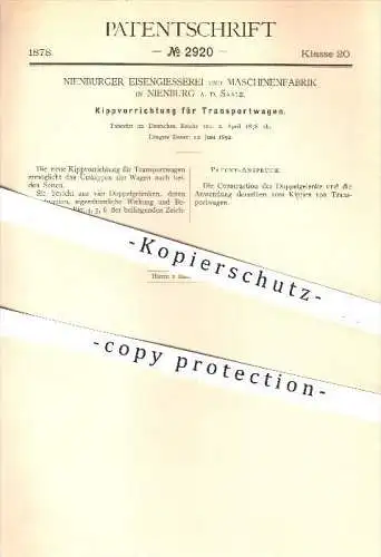 original Patent - Nienburger Eisengießerei & Maschinenfabrik , Nienburg a. d. Saale , 1878 , Kippen von Transportwagen !