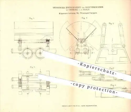 original Patent - Nienburger Eisengießerei & Maschinenfabrik , Nienburg a. d. Saale , 1878 , Kippen von Transportwagen !