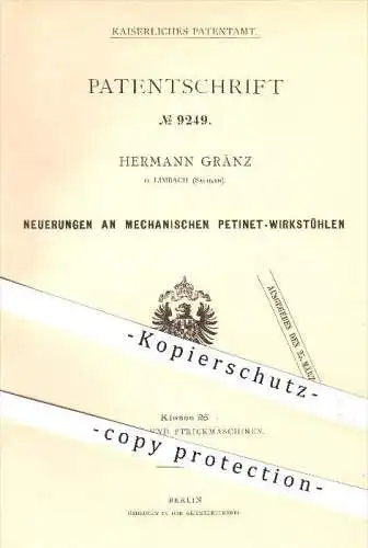 original Patent - Hermann Gränz in Limbach , 1879 , mechanischer Petinet - Wirkstuhl , Stricken , Flechten , Stuhl !!!