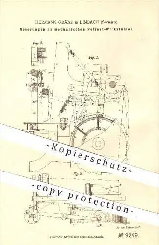 original Patent - Hermann Gränz in Limbach , 1879 , mechanischer Petinet - Wirkstuhl , Stricken , Flechten , Stuhl !!!