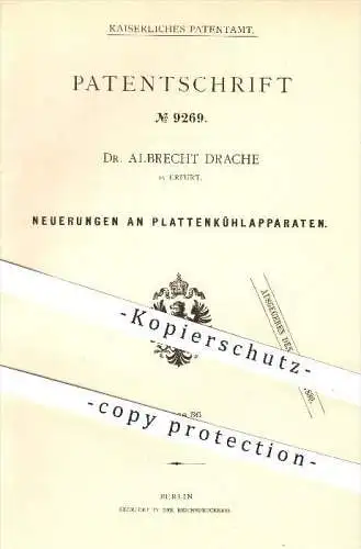 original Patent - Dr. Albrecht Drache in Erfurt , 1879 , Plattenkühlapparat , Kühlung , Kühlschrank , Kühlen !!!