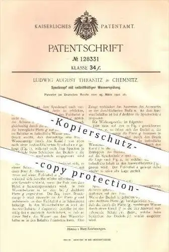 original Patent - Ludwig August Thranitz in Chemnitz , 1901 , Spucknapf mit selbsttätiger Wasserspülung , Spuckschale !