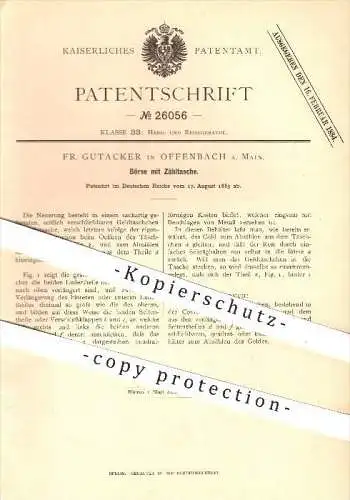 original Patent - Fr. Gutacker in Offenbach am Main , 1883 , Börse mit Zähltasche , Brieftasche , Geldtasche , Geld !!!