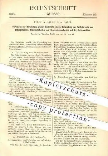 original Patent - Felix de Lalande in Paris , 1879 , Herstellung grüner Farbstoffe , Grün , Farbe , Chemie !!!