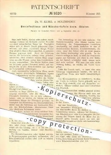 original Patent - Dr. W. Kubel , Holzminden , 1879 , Desinfektion - Tafel , Räuchertafel bzw. -säule , Medizin , Gips