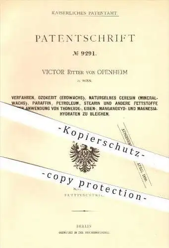 original Patent - Victor Ritter von Ofenheim , Wien , 1879, Bleichen von Ozokerit , Ceresin , Paraffin , Stearin , Fette