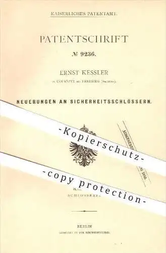 original Patent - Ernst Kessler in Colmnitz bei Freiberg , 1879 , Sicherheitsschloss , Schloss , Schlosserei , Tür !!!