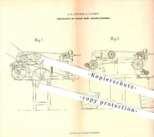 original Patent - J. M. J. Fecken in Aachen , 1879 , Schermaschine für elastische Stoffe , Gummi , Elastik , Gummizug !!