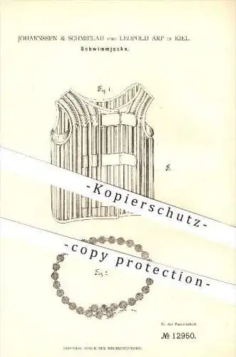 original Patent - Johannsen & Schmielau und Leopold Arp in Kiel , 1880 , Schwimmjacke , Schwimmweste , Schwimmen !!!