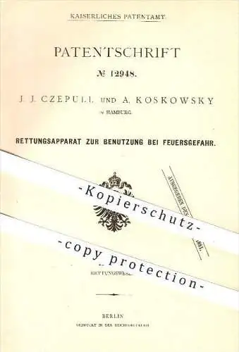 original Patent - J . J. Czepull u. A. Koskowsky in Hamburg , 1880 , Rettung bei Feuergefahr , Feuerwehr , Feuer , Brand