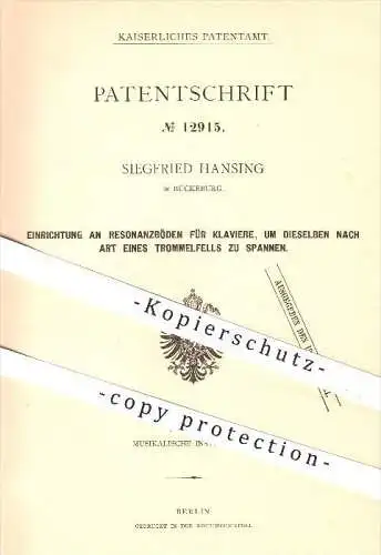 original Patent - Siegfried Hansing in Bückeburg , 1880 , Spannen der Resonanzböden am Klavier , Piano , Musikinstrument