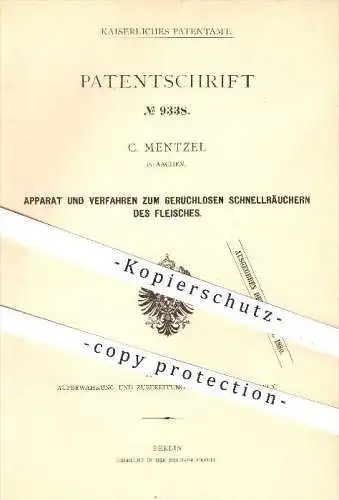 original Patent - C. Mentzel in Aachen , 1879 , Räuchern von Fleisch , Lebensmittel , Räucherofen , Ofen !!!