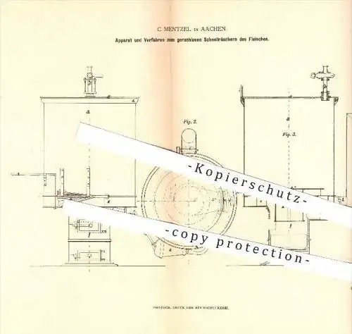 original Patent - C. Mentzel in Aachen , 1879 , Räuchern von Fleisch , Lebensmittel , Räucherofen , Ofen !!!