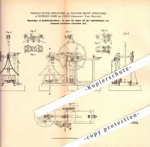 Original Patent - T.W. Appleyard in Hunslet-Carr , Leeds , 1879 , Machine for leather manufacturing !!!