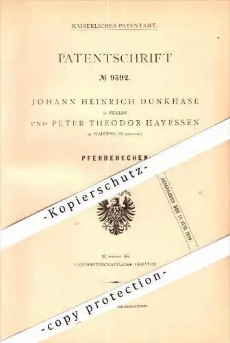 Original Patent - J. Dunkhase in Sillens und P. Hayessen in Waddens / Butjadingen ,1879, Pferderechen , Pferde , Burhave