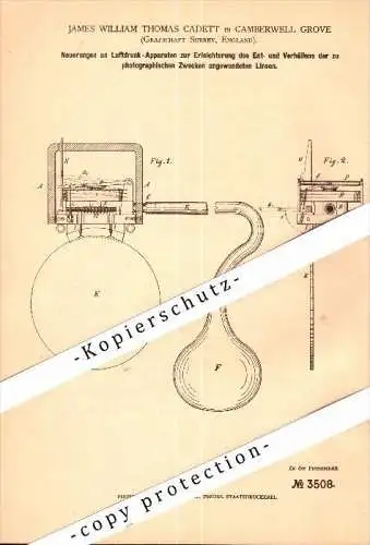 Original Patent - James W.T. Cadett in Camberwell Grove , Surrey , 1878, Air pressure apparatus for photography , London