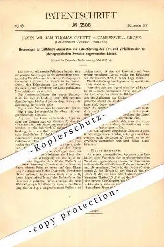 Original Patent - James W.T. Cadett in Camberwell Grove , Surrey , 1878, Air pressure apparatus for photography , London