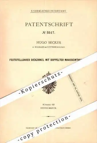 Original Patent - Hugo Becker in Halbach b. Lüttringhausen / Remscheid ,1878 , Zirkel mit Maaseinteilung , Geometrie !!!