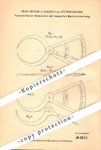 Original Patent - Hugo Becker in Halbach b. Lüttringhausen / Remscheid ,1878 , Zirkel mit Maaseinteilung , Geometrie !!!