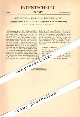 Original Patent - Hugo Becker in Halbach b. Lüttringhausen / Remscheid ,1878 , Zirkel mit Maaseinteilung , Geometrie !!!