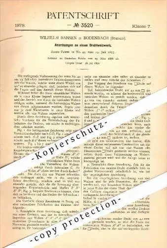 Original Patent - Wilhelm Bansen in Bodenbach / Decin , Böhmen , 1878 , Draht-Walzwerk  !!!