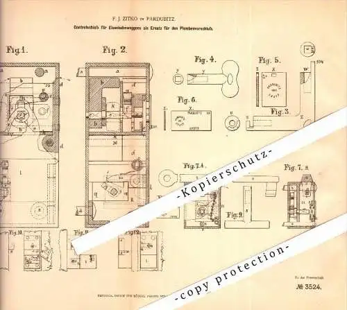 Original Patent - F.J. Zitko in Pardubitz / Pardubice , 1878 , Controlschloss für Eisenbahn !!!