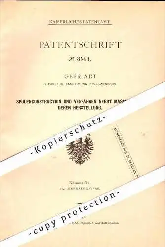 Original Patent - G. Adt à Forbach , Ensheim et Pont-à-Mousson , 1878 , Machine pour usine de papier !!!