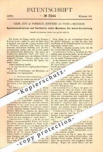 Original Patent - G. Adt à Forbach , Ensheim et Pont-à-Mousson , 1878 , Machine pour usine de papier !!!