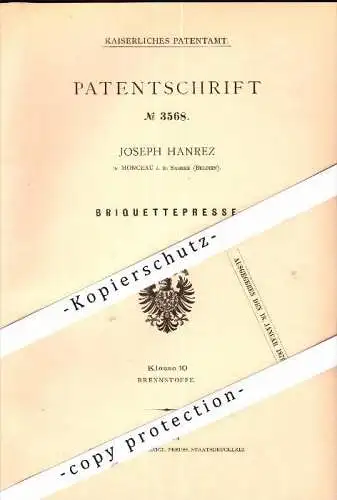 Original Patent - Joseph Hanrez in Monceau-sur-Sambre , 1878 , Presse für Brikett , Kohle !!!