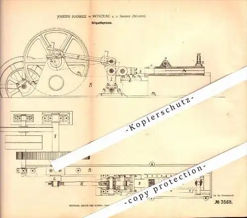 Original Patent - Joseph Hanrez in Monceau-sur-Sambre , 1878 , Presse für Brikett , Kohle !!!