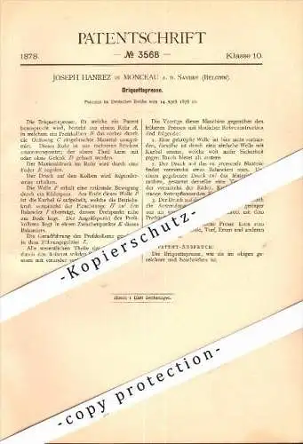 Original Patent - Joseph Hanrez in Monceau-sur-Sambre , 1878 , Presse für Brikett , Kohle !!!