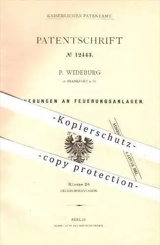 original Patent - P. Wideburg in Frankfurt an der Oder , 1880 , Feuerungsanlagen , Ofen , Heizofen , Herd , Ofenbauer !!