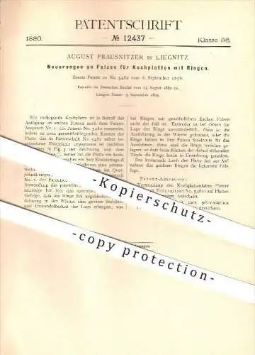 original Patent - August Prausnitzer in Liegnitz / Legnica , 1880 , Kochplatte mit Ringen , Koch , Schlesien !!!