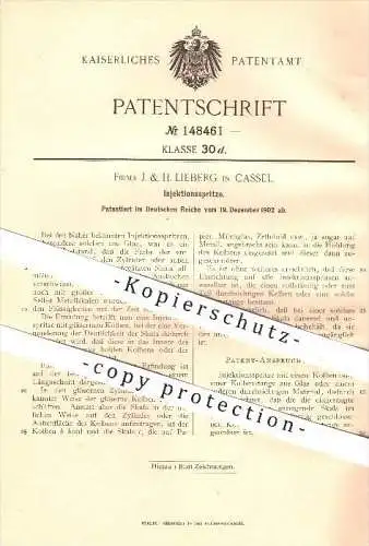 original Patent - J. & H. Lieberg in Kassel , 1902 , Injektionsspritze , Spritze , Krankenpflege , Arzt , Injektion !!!