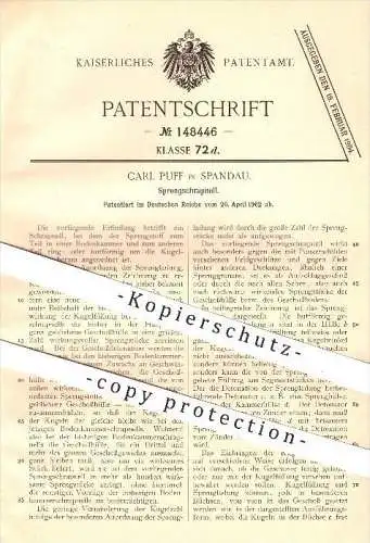 original Patent - Carl Puff in Spandau , 1902 , Sprengschrapnell , Schrapnell , Sprengung , Munition , Granate !!!