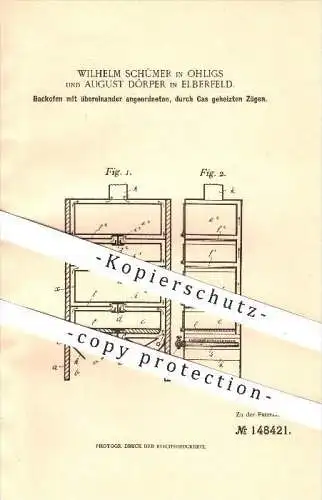 original Patent - W. Schümer in Ohligs u. A. Dörper in Elberfeld , 1903 , Backofen , Gas , Bäcker , Bäckerei , Wuppertal