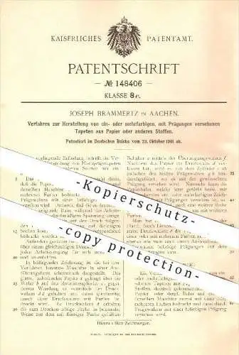 original Patent - Joseph Brammertz in Aachen , 1901 , Herstellung von Tapeten aus Papier oder Stoff , Prägungen , Walzen