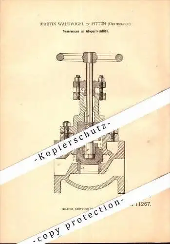 Original Patent - Martin Waldvogel in Pitten , Niederösterreich , 1880 , Absperrventil für Dampfmaschine !!!