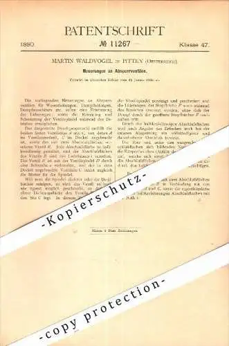 Original Patent - Martin Waldvogel in Pitten , Niederösterreich , 1880 , Absperrventil für Dampfmaschine !!!