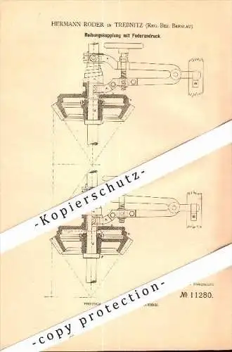 Original Patent - Hermann Roder in Trebnitz / Trzebnica i. Schlesien , 1880 , Kupplung mit Federdruck !!!