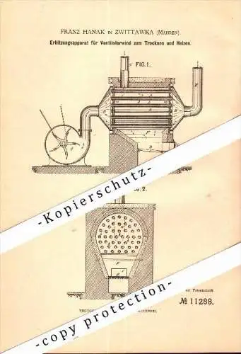 Original Patent - Franz Hanak in Zwittawka / Svitávka , 1879 , Erhitzungsapparat , Heizer , Boskovice !!!