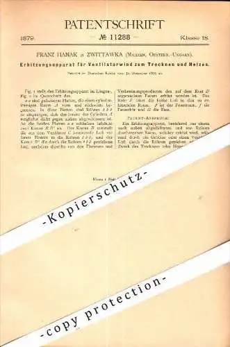 Original Patent - Franz Hanak in Zwittawka / Svitávka , 1879 , Erhitzungsapparat , Heizer , Boskovice !!!