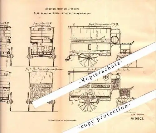 Original Patent - Richard Bithorn in Berlin , 1880 , Militär - Krankentransport , Krankenwagen , First Aid , Sanitäter !